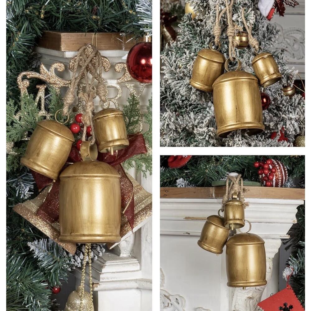 Rustic Metal Christmas Bells Set of 3 Farmhouse Hanging Door Tree Decor - Picture 6 of 8
